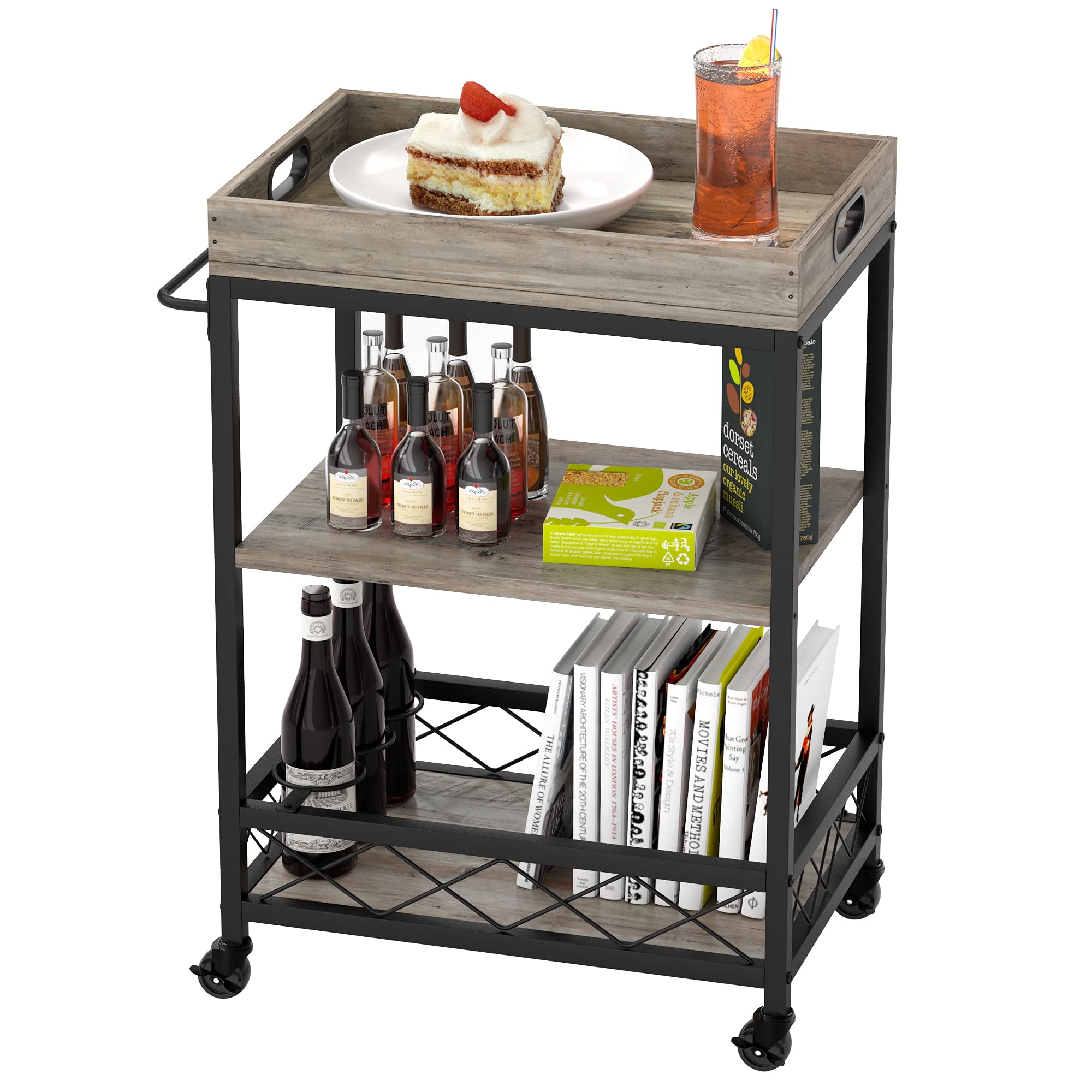 AA Products Inc. Industrial Bar Cart for Home, 3-Tier Bar Serving Cart with Wheels, Lockable Casters, Beverage Cart with Wine Rack and Glass Holder