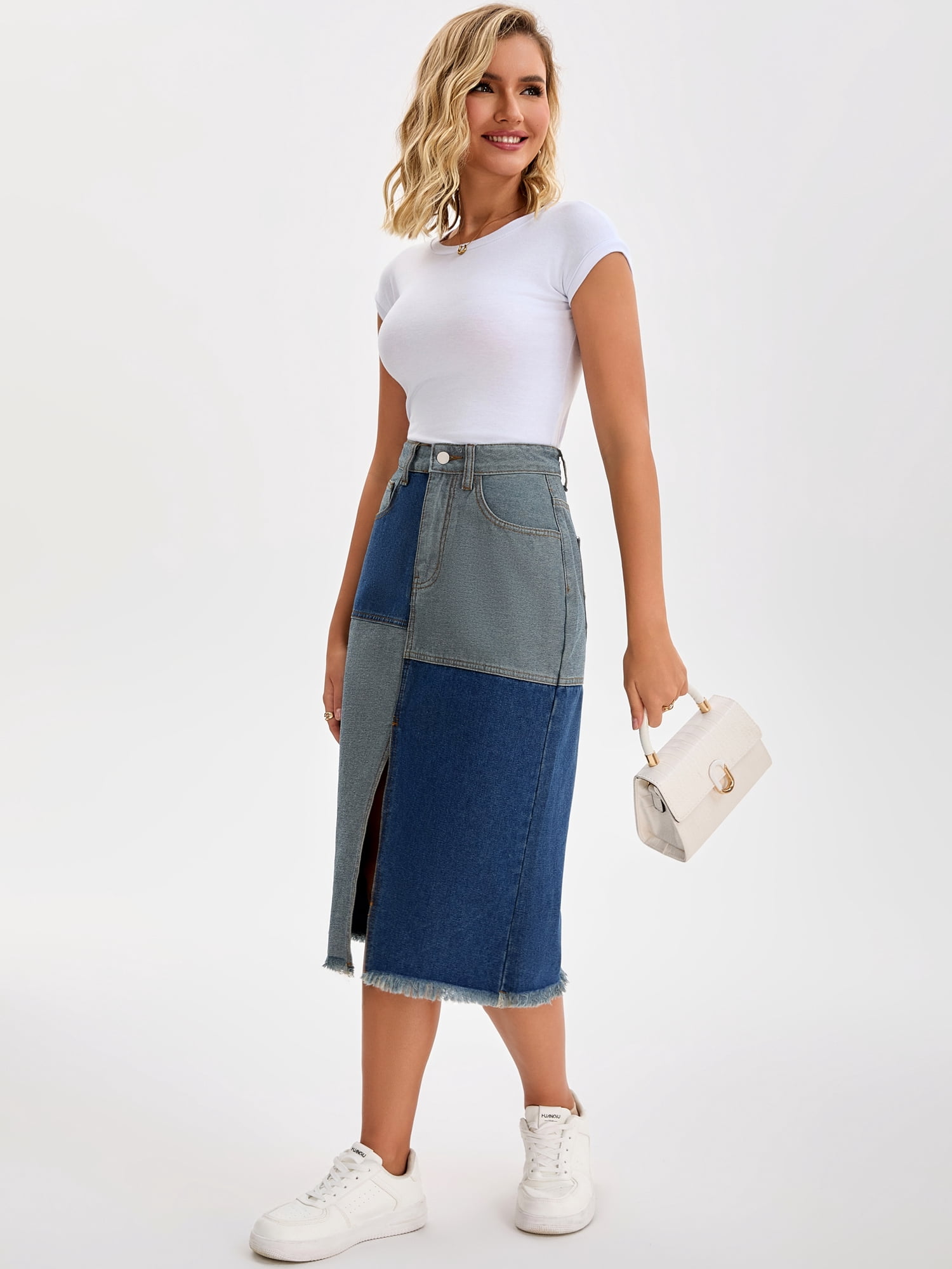 DARING DIVA Women's Raw Hem Midi Jean Skirts with Slit Medium Blue