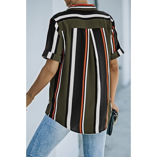 ABPHQTO Camisa De Mujer De Manga Corta Con Botones De Rayas Negras Y Marrones