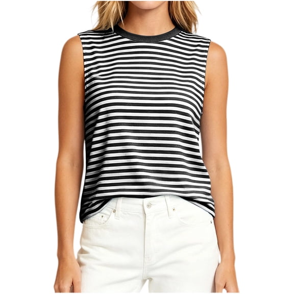 ClodeEU Women's Striped Crewneck Sleeveless Tank Top with Butterfly Back ,Solid Color Casual Summer Top Black,Women's Plus L