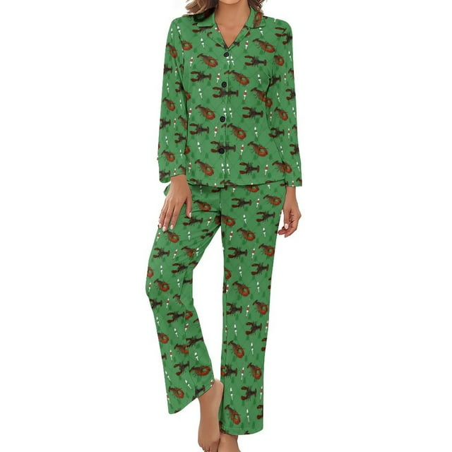 Ensembles de Pyjama pour Femmes Imprimé Homards Pyjamas Mode Rose et Bleu Vêtements de Nuit Printemps Manches Longues 2 Pcs Décontracté