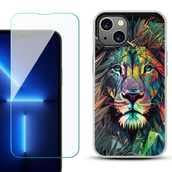 OneToughShield ® for iPhone 13 Shockproof Phone Case, with Tempered Glass Screen Protector - Geometric Lion