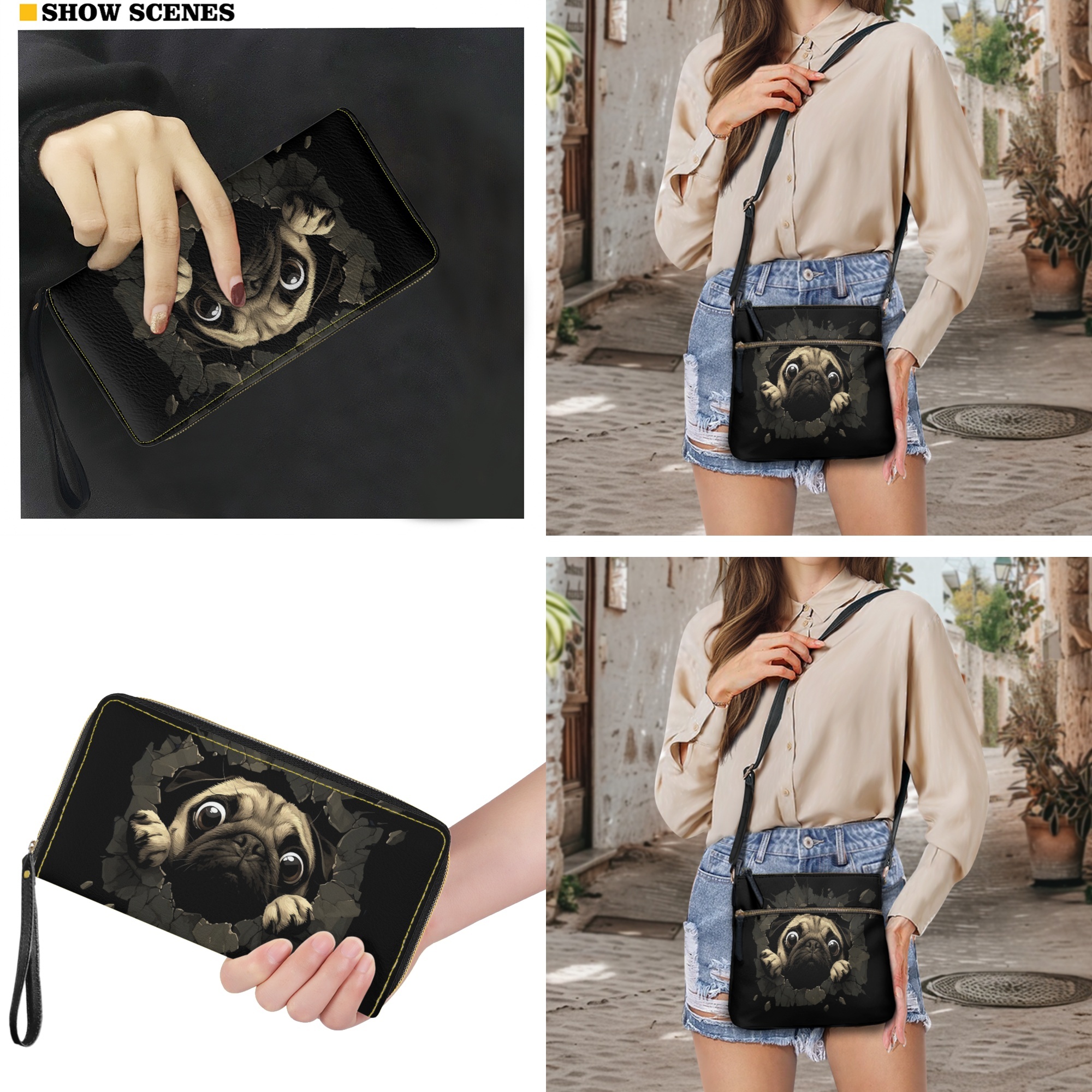 ZUXONGSY 3D Pug Dog Print Women's Multi-Functional Messenger Set - Large Hobo Bag with Wallet, Lightweight Crossbody Purse Set Waterproof for Vacation Shopping