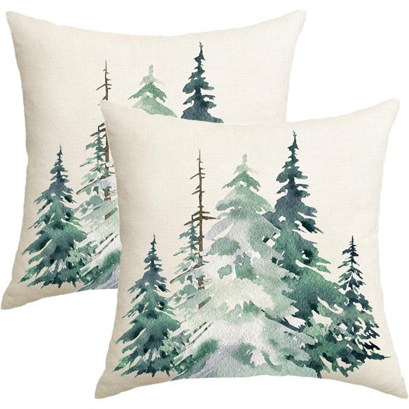 Spring Dark Green Tree Throw Pillow Covers 18x18 Set of 2 Winter Christmas Nature Forest Outdoor Pillows Cover Xmas Summer Farmhouse Linen Decorative Cushion Case for Couch Bed Decor