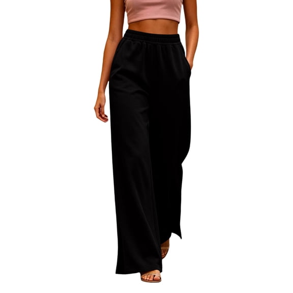 ZHYou No Boundarie Womens Wide Leg Sweatpants Baggy Fit Elastic High Waist Side Slit Casual Pull On Trousers with Pockets,Black,Size M