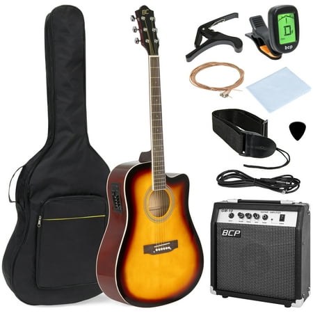 Best Choice Products 41in Full Size All-Wood Acoustic Electric Cutaway Guitar Musical Instrument Set w/ 10-Watt Amplifier, Capo, E-Tuner, Gig Bag, Strap, Picks, Extra Strings, Cloth - (Best Acoustic Electric Resonator Guitar)