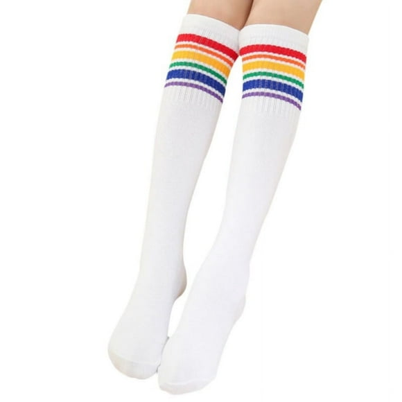 Kids Boys Girls Rainbow Striped Sock Soft Knee High Socks Student Football Sports Socks White M 42CM