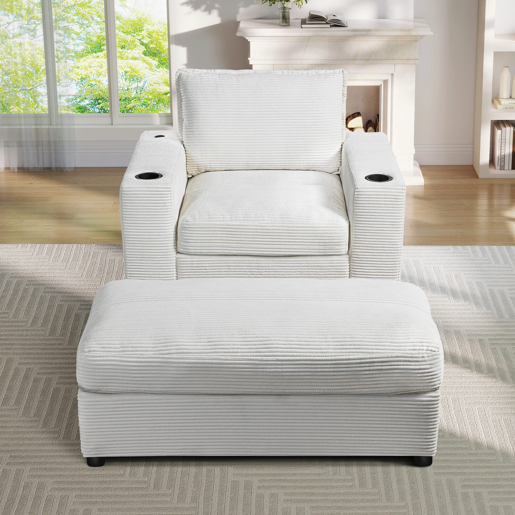 Lunale 42.8" Accent Chair with Ottoman, Indoor Chaise Lounge Chair with USB & Storage, Plush Reading Sofa Armchair for Living Room, Bedroom, Apt, White Corduroy