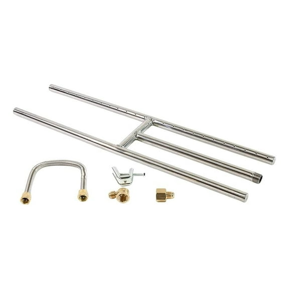 24" x 6" H-Burner, Natural Gas, Stainless Steel, Non-Whistle Flexible Flex Gas Line, Brass Fittings, Fireplace Burner