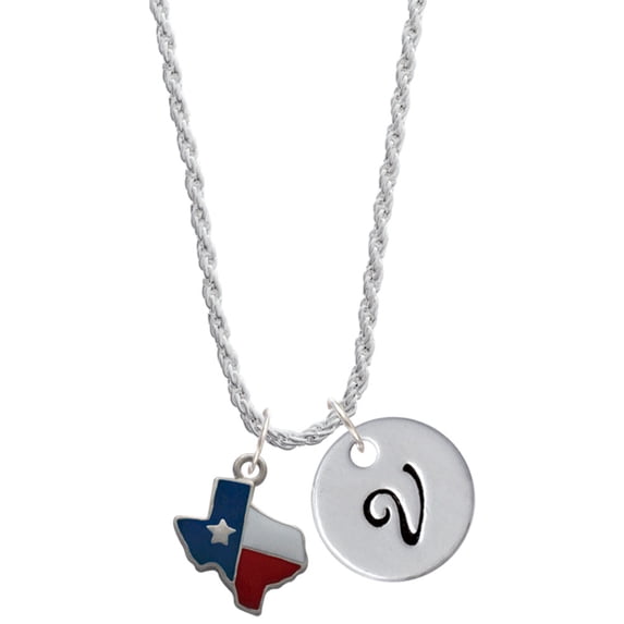 Delight Jewelry Silvertone Enamel Lone Star Texas Silvertone Script Initial Disc - V - Charm Necklace, 20"+3"