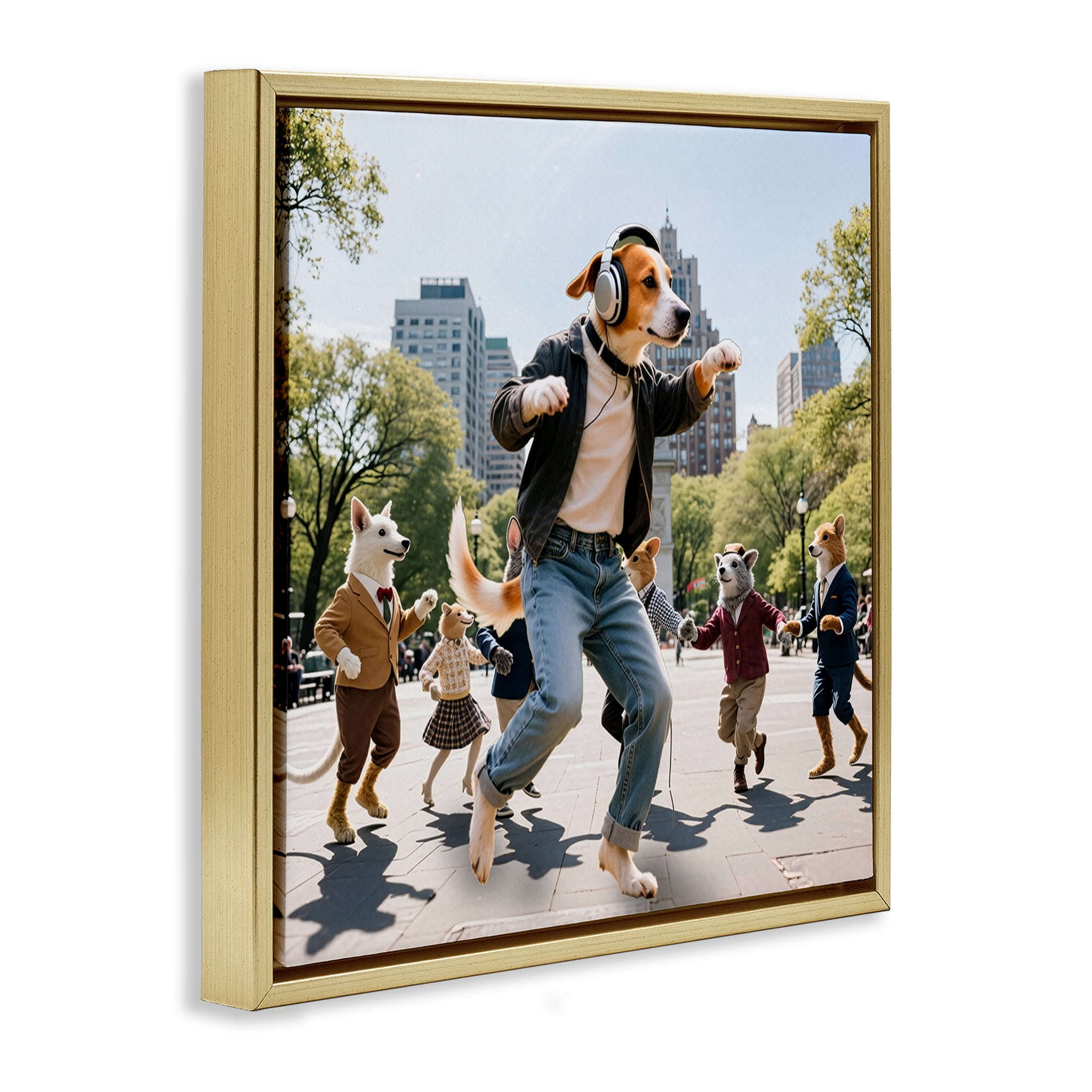 Stupell Industries Stylish Dog Dancing in Park Gold Framed Floater Canvas Wall Art, design by CAD Designs