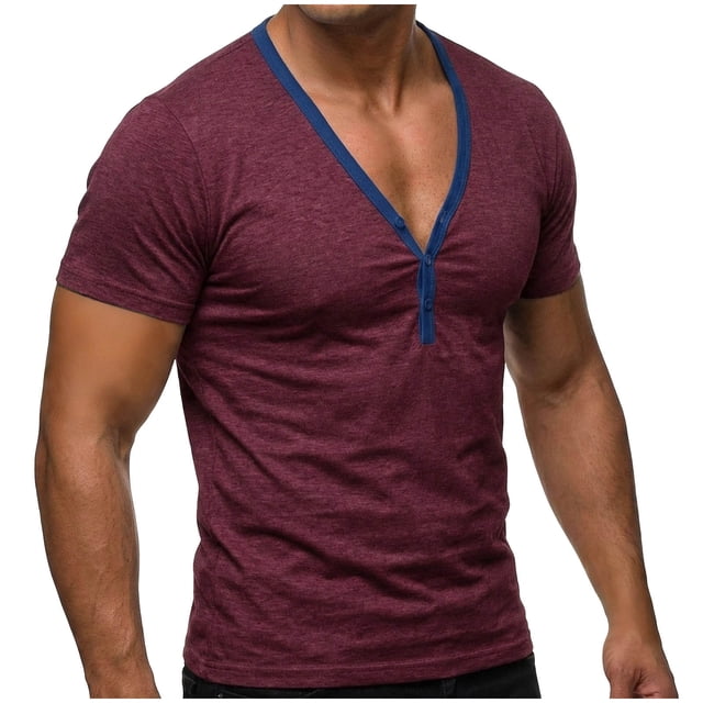 Camisetas de Manga Corta de los Hombres Casual Color Sólido V-Cuello Botón Camiseta para los Hombres, Transpirable Top de Verano para el Ejercicio