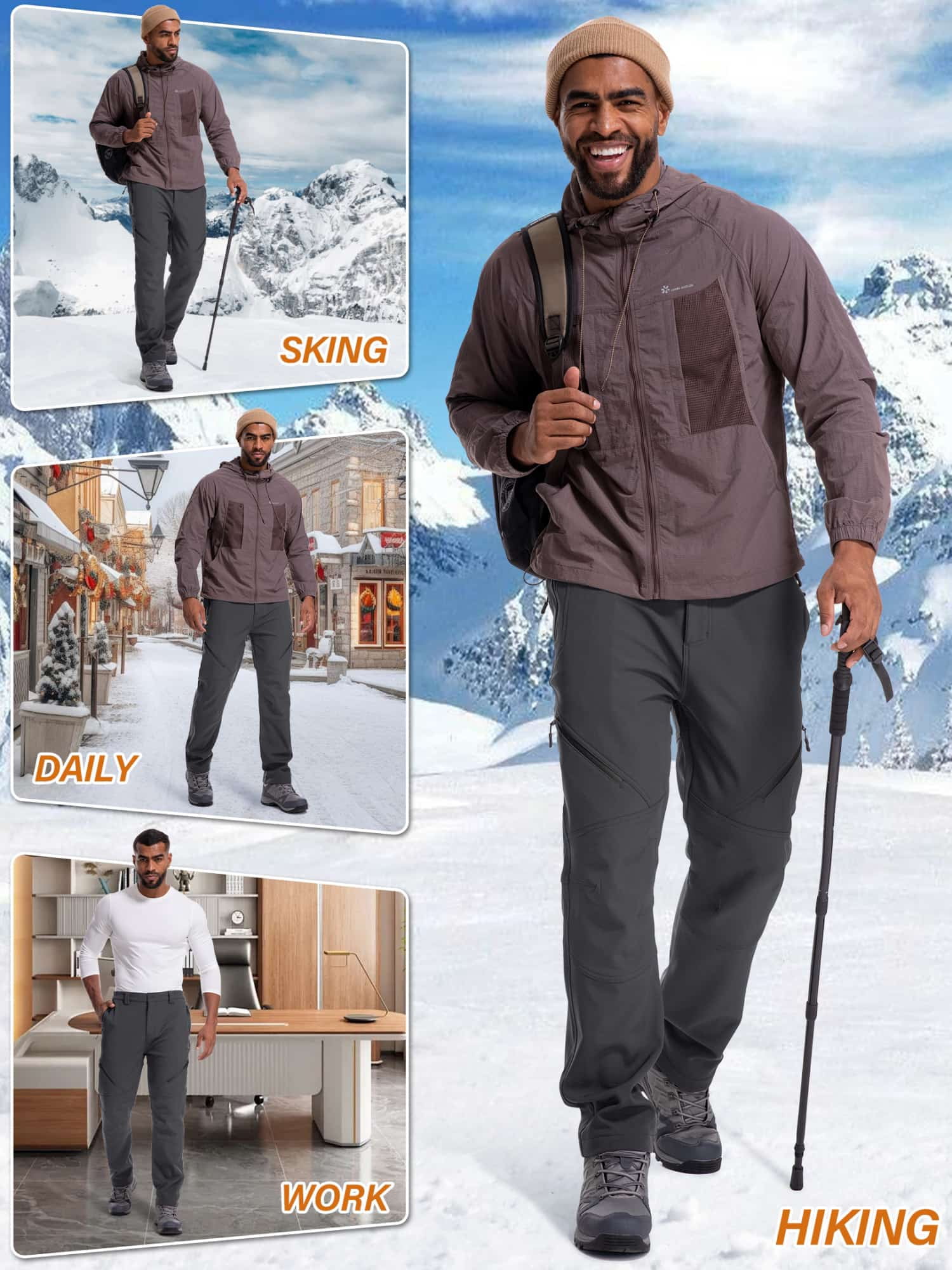 FEN AI Ski Pants Men Hiking Snow Pants Water Repellent Softshell Snowboard Trousers Fleece Lined Winter Outdoor Work Cargo Pants