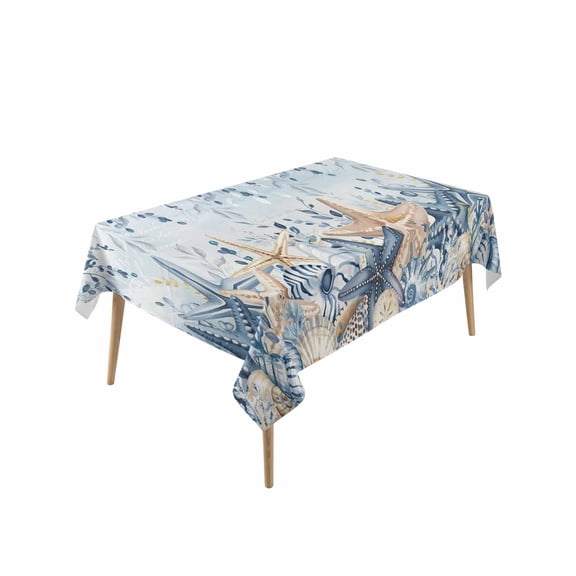 Blue Eucalyptus Coastal Rectangle Tablecloth, Beach Starfish Shell Nautical Ombre Waterproof & StainResistant Tablecloth, Washable Oil-proof Table Cover for Dining/Party/Wedding/Buffet 60x120 In