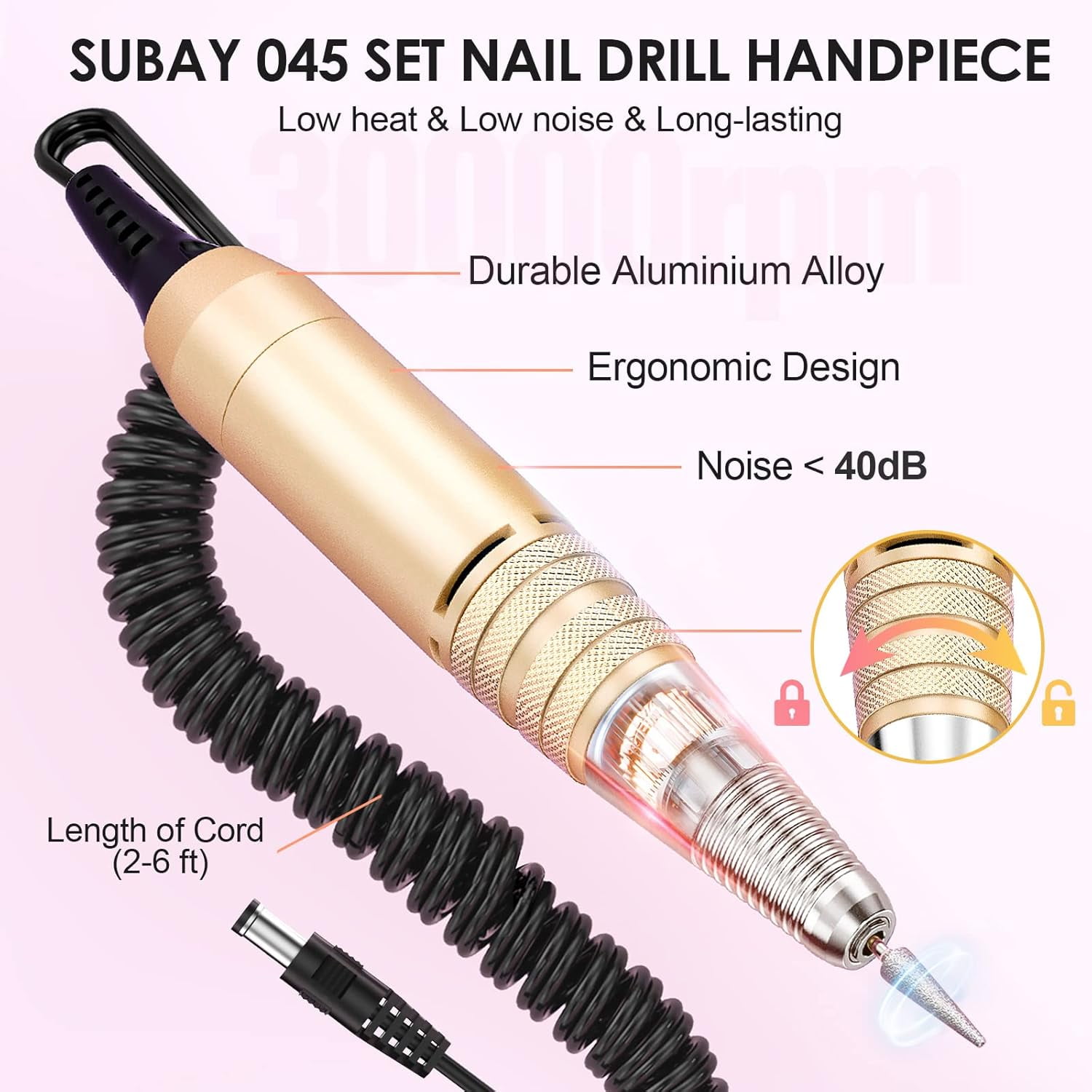 Professional Electric Nail Drill Kit 30000 RPM w/ 6 Bits & F/R Switch for Gel/Ac,gold