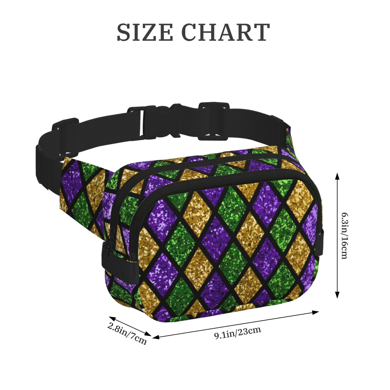 Fuzoiu Mardi Gras Shiny Green Purple Print Unisex Square Double Layer Waist Bag,Crossbody Fanny Pack Travel Workout Accessory