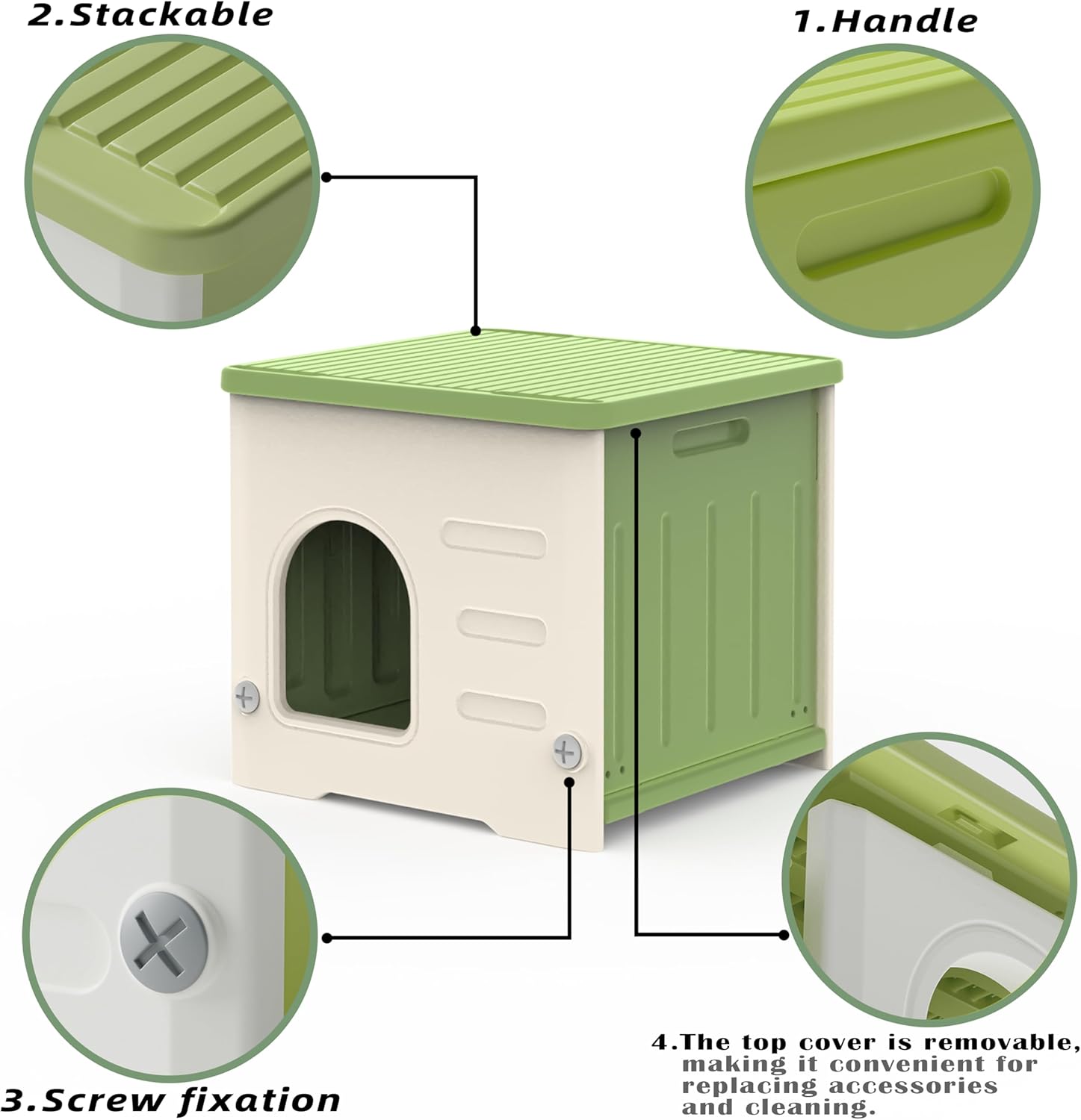 Plastic Cat House for Outdoor Indoor Use, Stackable Feral Cat Shelter Indoor Cat House Weatherproof Waterproof Elevated (Green)