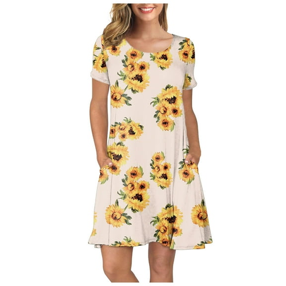 Outfmvch Fall Dresses Womens Dresses Plus Size Dress Women Summer Short Sleeve Sunflower Printed Pockets Sundress Casual Swing Dress Womens Dresses Beige 2Xl