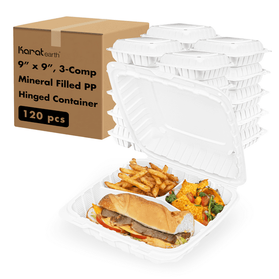 Karat Earth 3-Compartment Stackable Mineral-Filled Container, 9"x9"x2", White (120 Pack)
