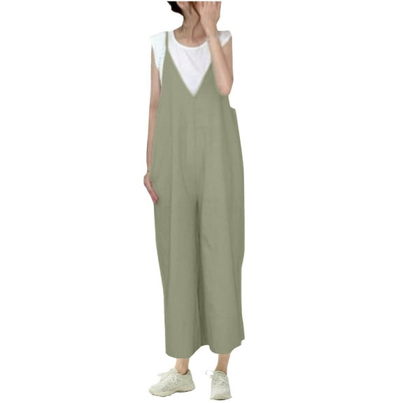 Kaemgyyd Jumpsuits for Women Casual Loose Sleeveless V Neck Romper Baggy Wide Leg Capris One-Piece Outfit with Pockets