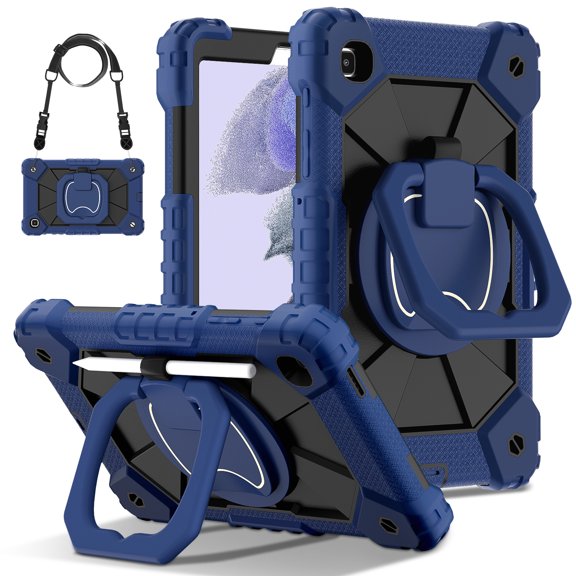 Decase Kids Case for Samsung Galaxy Tab A7 Lite 8.7-inch 2021,Shockproof Rotatable Stand Cover,Detachable Shoulder Strap,Rugged 3-Layer Tablet Shell with Pen Holder,Black Navy