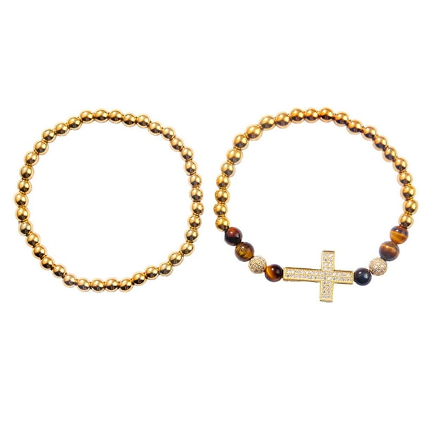 Set de pulseras para hombre con circonitas cruzadas y cuentas elásticas de 2 piezas
