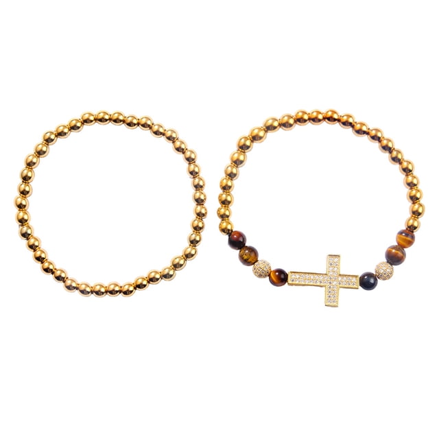 Set de pulseras para hombre con circonitas cruzadas y cuentas elásticas de 2 piezas