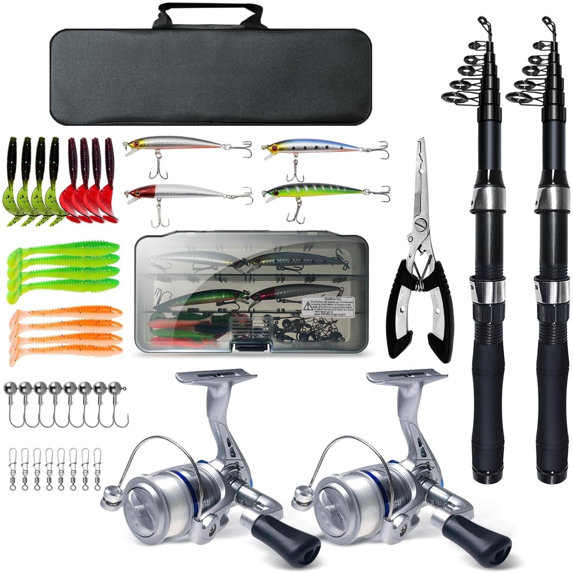 Fishing Rod Reel Combo - 2 count 6.89ft Collapsible Rods 2 count Spinning Reels Lures Set Fishing Pliers Carrier Bag for Travel Saltwater Freshwater Fishing Telescopic Fishing Pole Kit