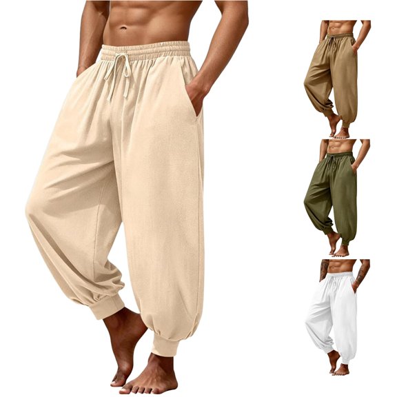 XIAONU Men's Solid Pants Elastic Waist Relaxed Fit Harem Trousers