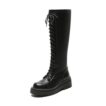 

Women‘s Round Toe Lace Up High Boots Thigh High Boots Thick Bottom Side Zipper Shoes Women‘s Footwear