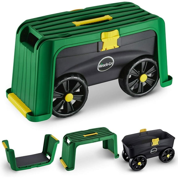 Miracle Gro 4 in 1 Roll N Kneel Plastic Garden Cart Stool Kneepad, Green