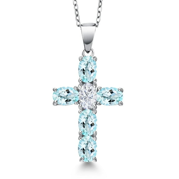 Gem Stone King 925 Sterling Silver Sky Blue Topaz and White Moissanite Cross Pendant Necklace for Women | 3.00 Cttw | Gemstone November Birthstone | Oval 6X4MM | With 18 inch Chain