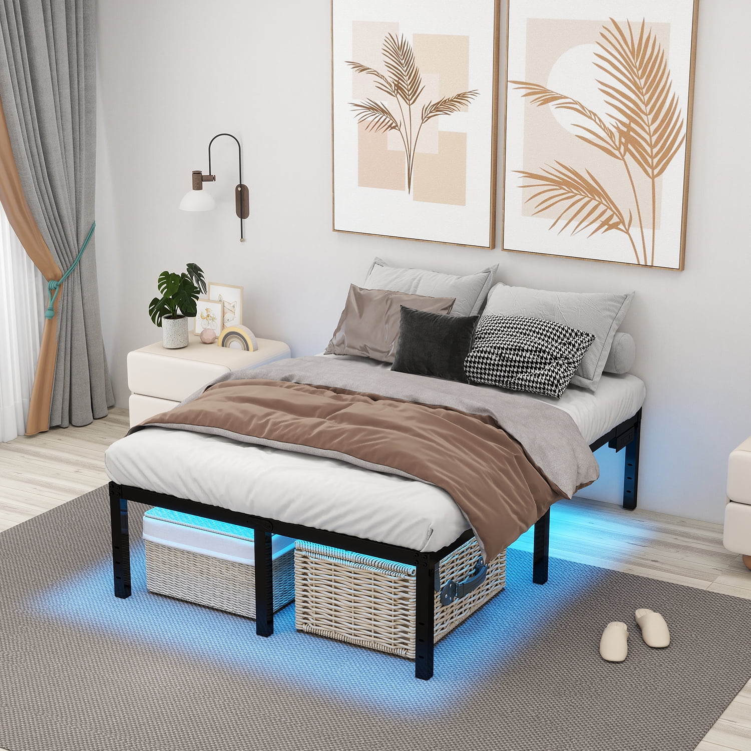 King Size Bed Frame King Platform Bed Frame with LED Lights 14 Inch Tall King Mattress Base King Platform Bed Frame with Charging Station