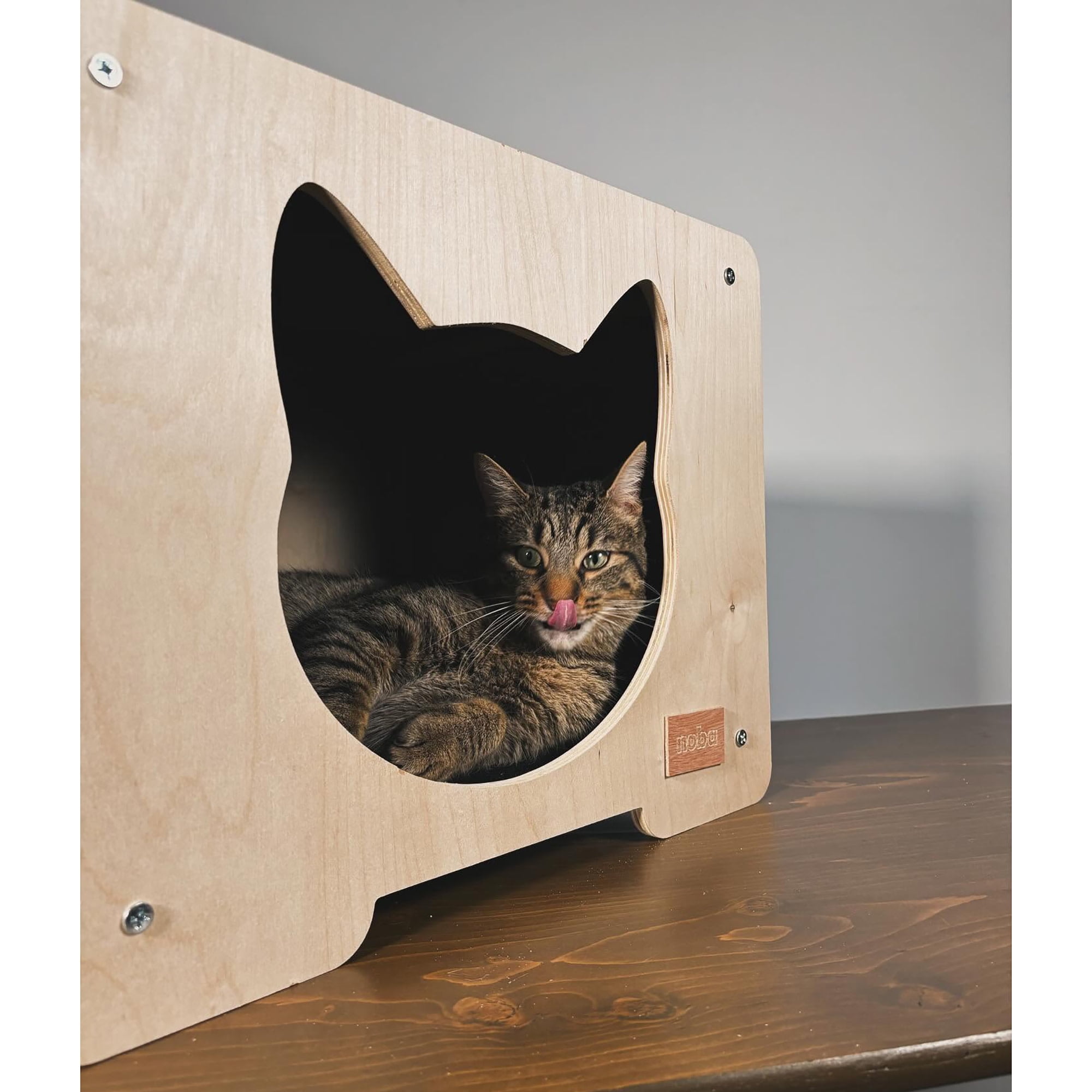 Noba: Origin Hut Hideout - Cat Head, Black - Pet-Kitten House, 20 x 16" Wooden Lounge, Scratchable Carpet Sides, Animal Refuge Area, Climb-Play-Sleep