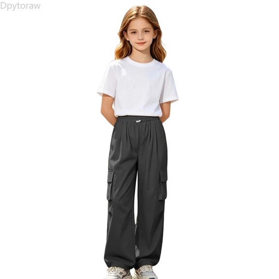 Dpytoraw Girls Solid Utility Cargo Pants Drawstring Elastic Waist Lightweight Trousers Black Size 5-6 Years