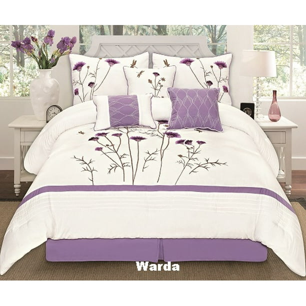 Warda Comforter 7 Piece Collection Bed, Purple Queen Bedding Collections