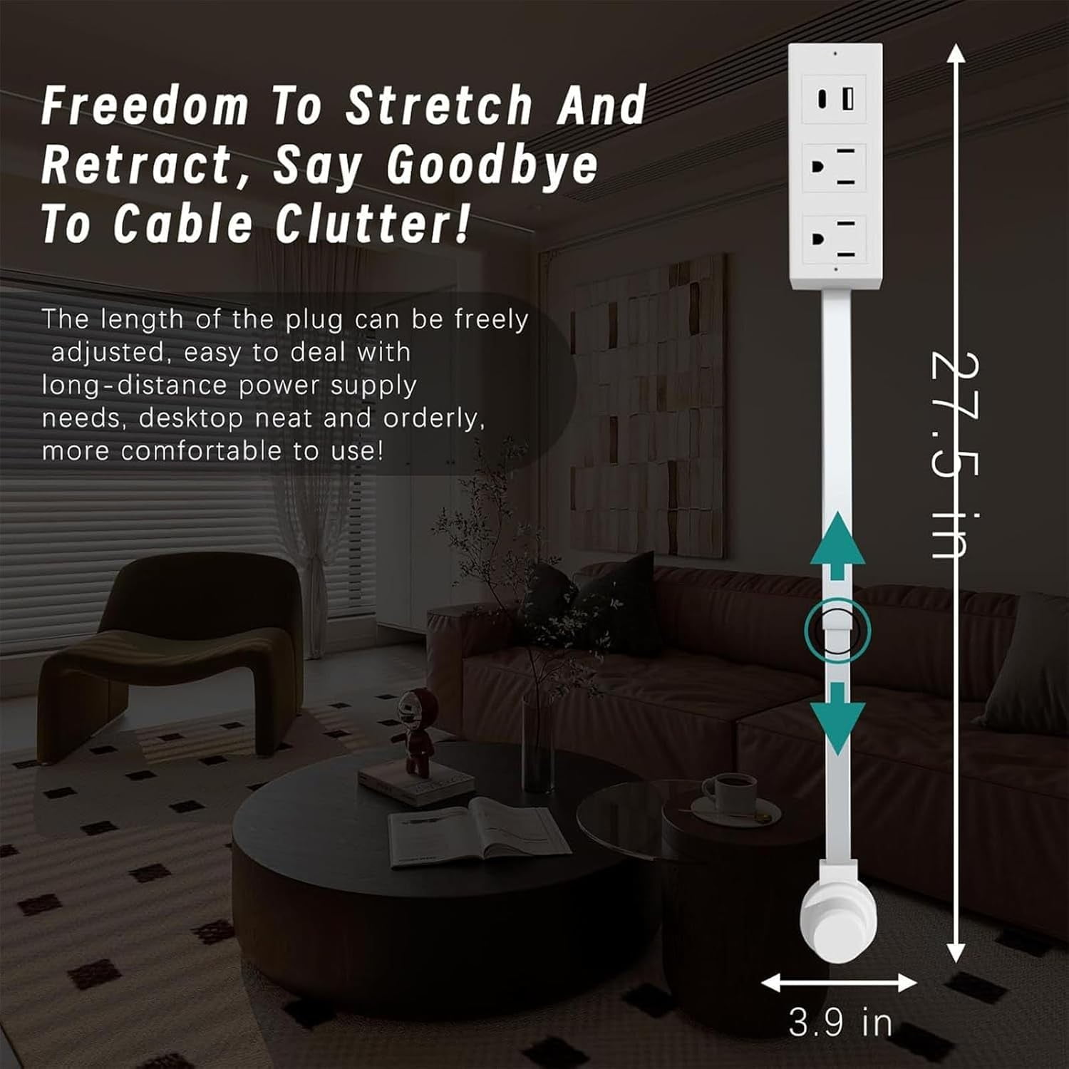 Electrical Outlet Extender Features USB-A, USB-C, and 2 AC Electrical Outlet Extender Stick for Hard to Reach Spaces Extends 27", Rotates 180°. Use Behind Couches, Nightstands, Desks, and More