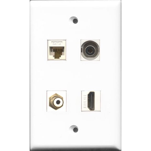 RiteAV 1 Port HDMI and 1 Port RCA White and 1 Port 3.5mm and 1 Port Cat6 Ethernet White Wall Plate