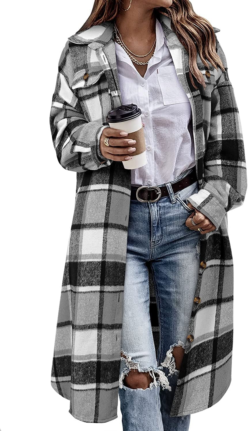 Women's Long Flannel Plaid Jacket Shacket Cozy Lapel Button Down Shirt
