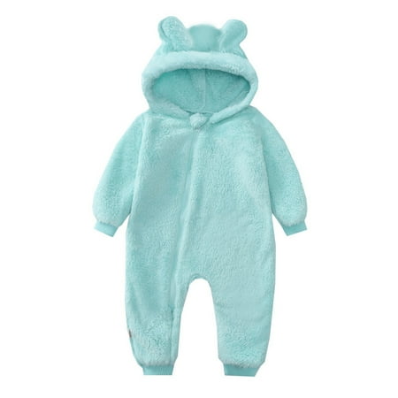 

Kid s Hooded Plush Jumpsuit with Cute Bear Ears Hood Zipper Onesie Pajamas Long Sleeve for Sleeping Daily Solid Color Winter Bodysuit Child s Home Suit 80 Lake Blue