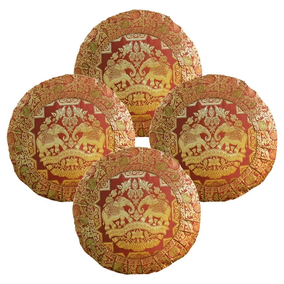 Stylo Culture Ethnic Brocade Decorative Throw Pillow Sham Covers Maroon 17x17 Traditional Jacquard Weave Pleated Border Sofa Cushion Covers 43 x 43 cm Satin Elephant Round Pillow Cases | Set Of 4