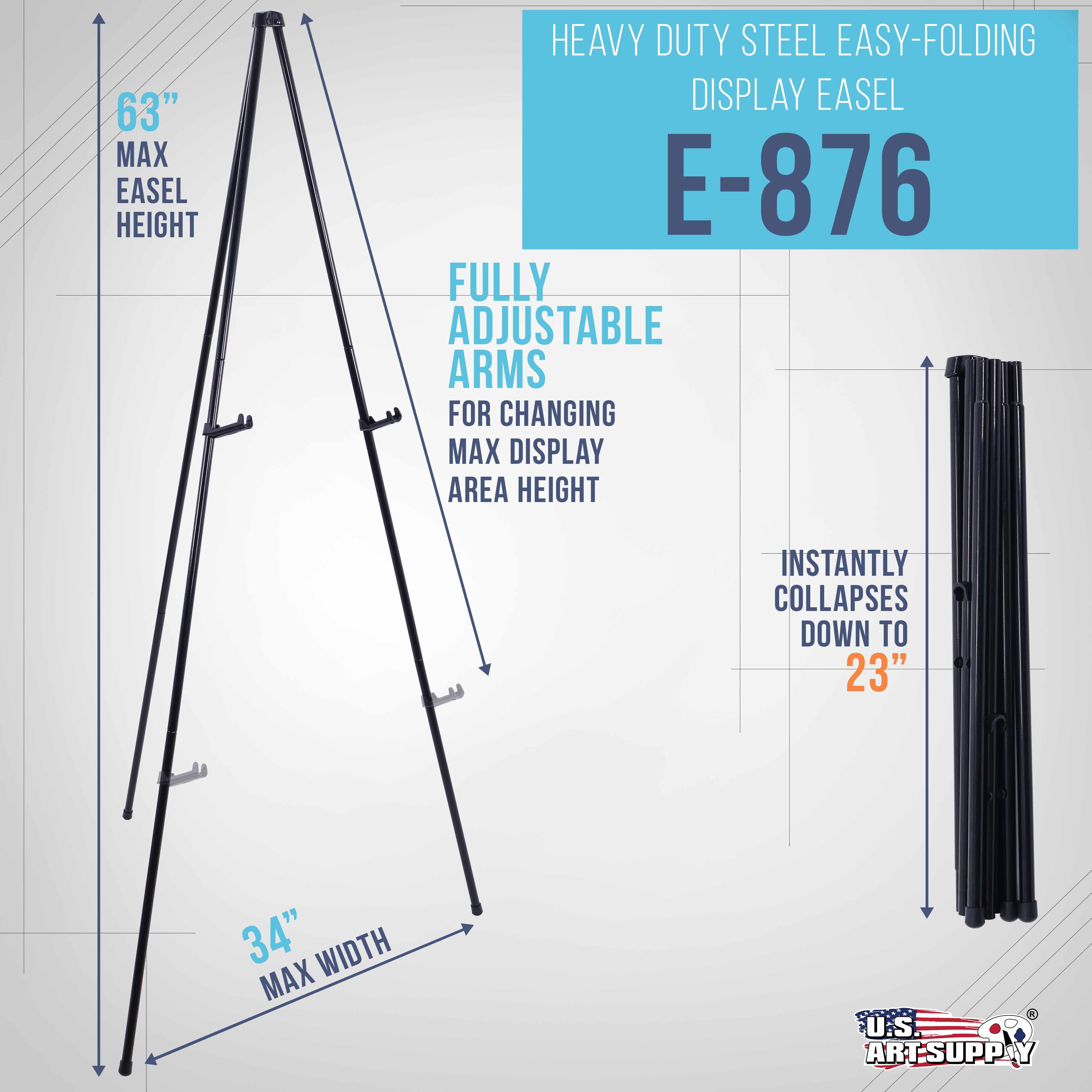 U.S. Art Supply 63" High Heavy Duty Steel Easy Folding Display Easel, Adjustable Height Display Holders, Portable Tripod