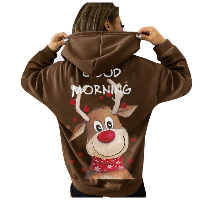 Chandail en Molleton de Noël pour Femmes à Capuche Cardigan Chaud Mignon Imprimé Pull Contrasté Blouse Col Rond Veste de Mode Mi-Longue