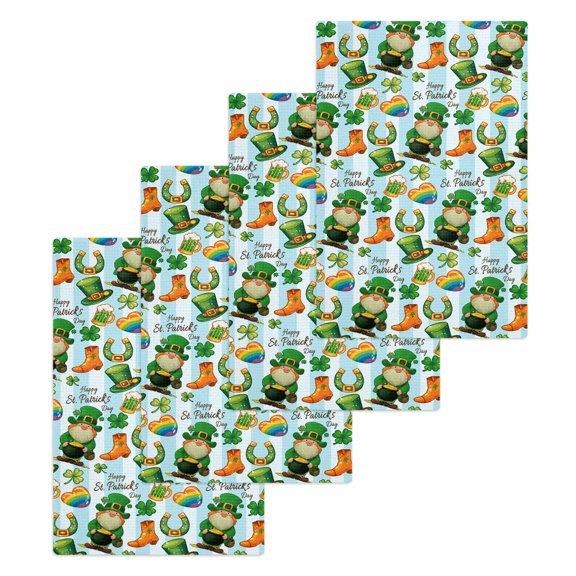 Saint Patrick's Day Kitchen Dish Towels for Drying Dishes Set of 4, Gnomes Hat Boot Clovers Blue Stripes Waffle Weave Microfiber Hand Tea Bathroom Towels Quick Dry & Absorbent Towel 15.7x23.6