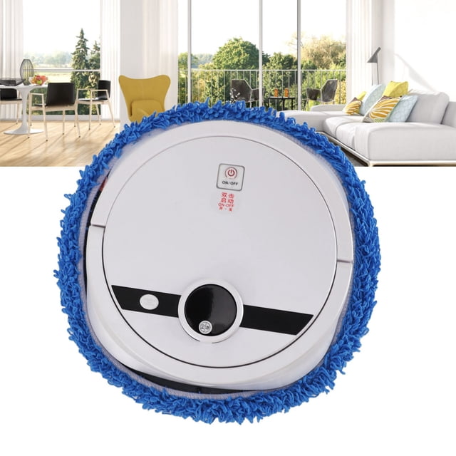 robot automático de trapeador anggrek alta velocidad para trapear pisos de goma robot trapeador redondo blanco con paño de microfibra azul alrededor, vista frontal centrada que muestra botón de encendido superior y banda frontal negra en sala iluminada; batería 2400 mAh y tiempo de trabajo 120 minutos; también suele usarse para limpieza rápida en espacios pequeños.