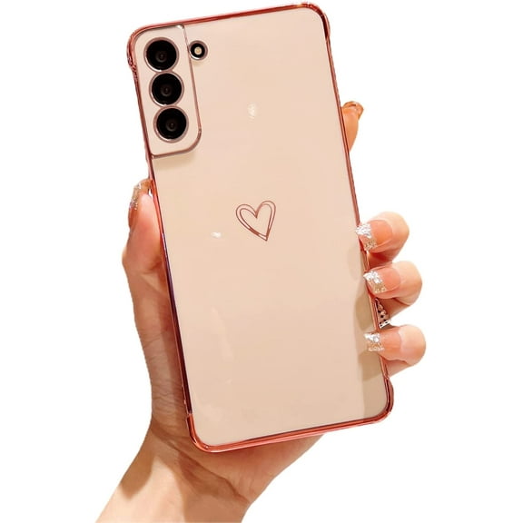 Compatible with Samsung Galaxy S22 6.1” 5g Phone Case,Luxury Cute Love Heart Pattern Gold Plating Edge Phone Case,Full Camera Protection Soft Silicone Shockproof Bumper Cover (Pink)