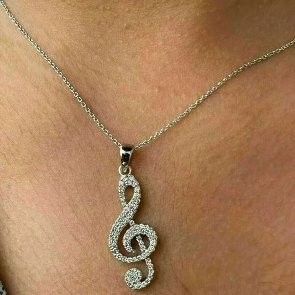 Birthday Gift Music Note 2Ct Round Cut Lab Created Diamond Pendant 14K White Gold Plated Free Chain