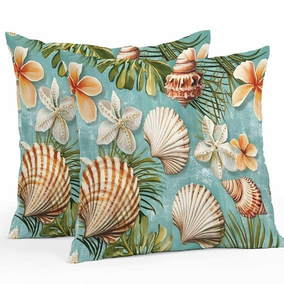 Waterproof Throw Pillow Covers Set of 2, 24x24 Inch Summer Tropical Decorative Pillowcases Outdoor Pillow Slip Cushion Covers Set for Couch Tent Coastal Shell Flower Palm Leaf