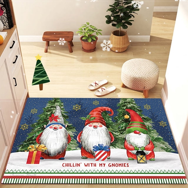 Multicolor Christmas Gnome Non-Slip Kitchen Floor Mat, Holiday Decor Rug for Doorway, Festive Bath Mat, Easy Clean