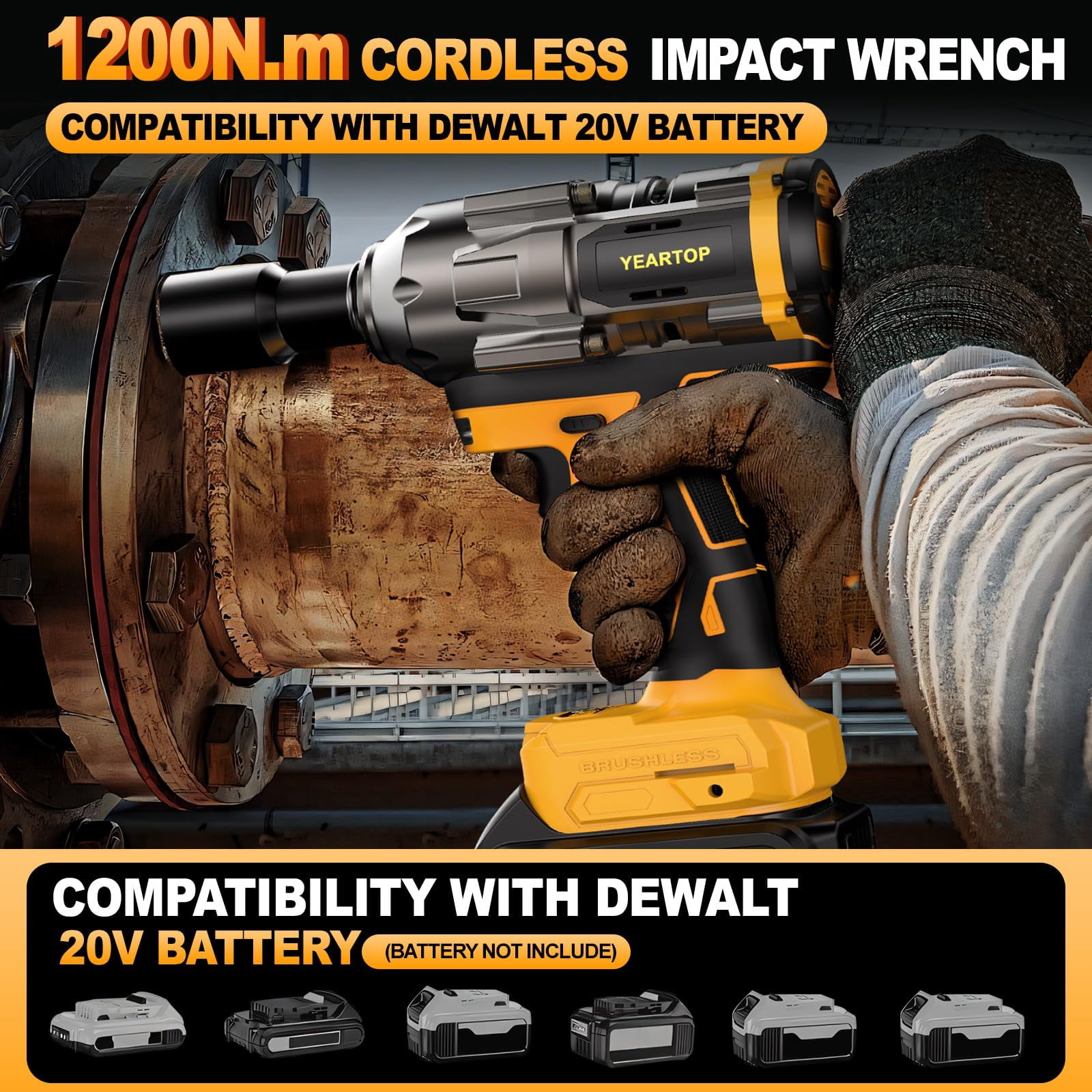 Cordless Impact Wrench 1/2 inch for Dewalt 20V Battery, 900FT-lbs(1200N.m) Driver Brushless, High Torque with 6 Pcs Sockets & Gift Box (No Battery)